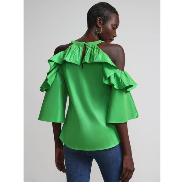 NWT New York & Company Cold Shoulder Halter Neck Ruffle Taffeta Blouse: Size Med - Picture 3 of 11